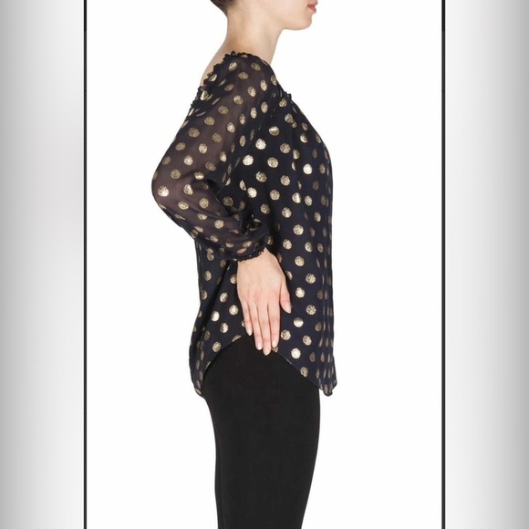 Joseph Ribkoff women’s 6 blouse, polka dot ruffle top, midnight blue and gold - Picture 3 of 11